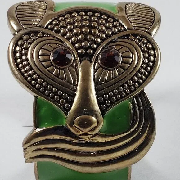 Vintage Gold-Tone Fox Cuff Statement Bracelet – Green Enamel & Gemstone Eyes - Picture 2 of 5